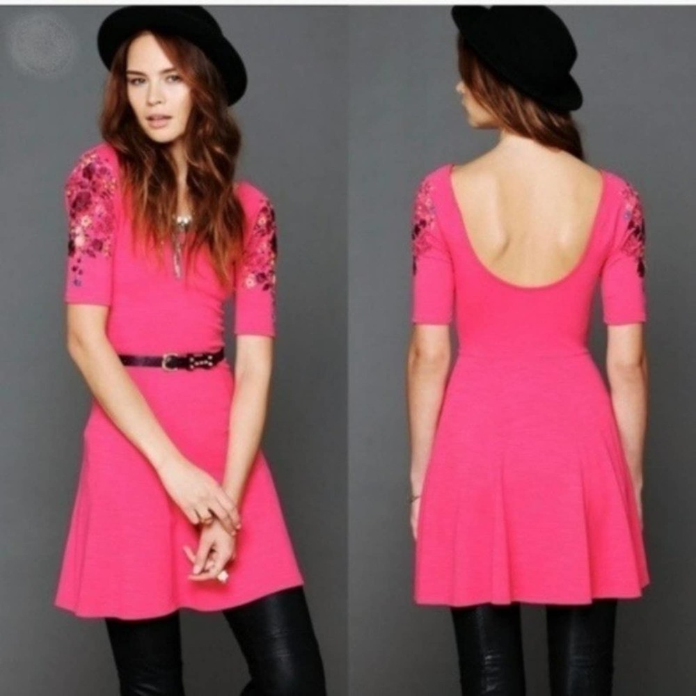 Free People Garden Sleeve Embroidered Scoop Neck Low Back A-Line Mini Dress